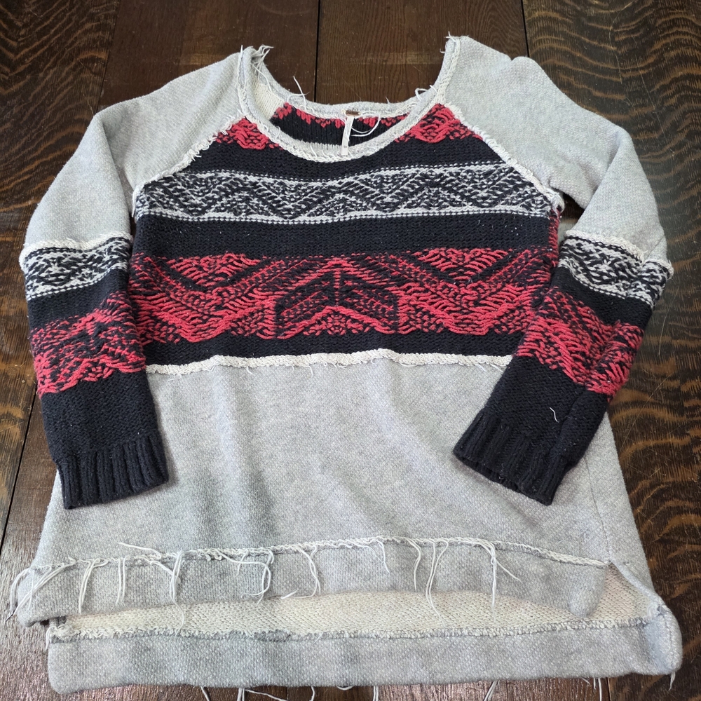 Free People Snow Angel Pullover sweater red black gray Fair Isle/Aztec Pattern